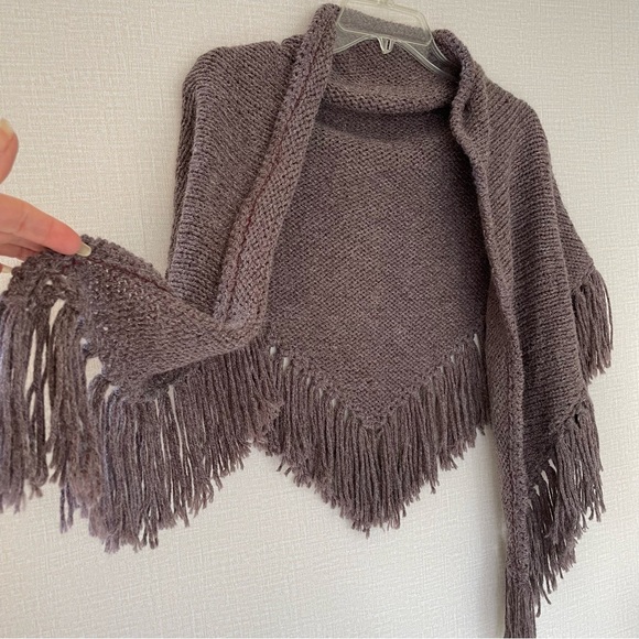 Hand Knit Shawl, Dusty Icy Plum, Fringe Trim, Versatile - Picture 4 of 10